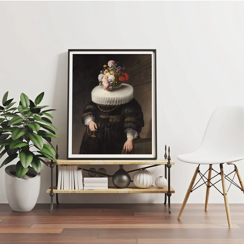 Collage Art Antique Oil Painting Flower Mask Dutch Portrait Prints Surreal Painting Eclectic Art Canvas Painting Artwork Decor