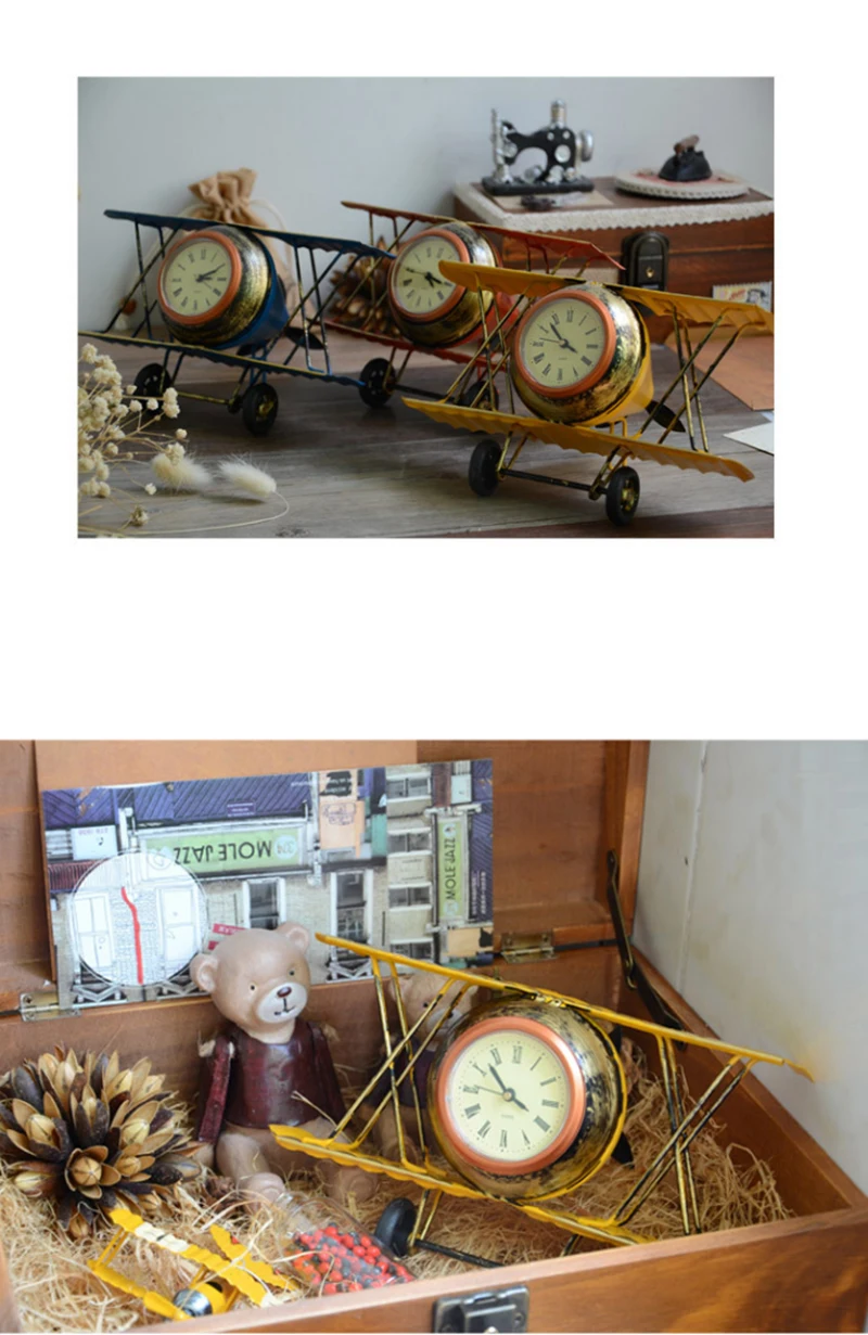 Ретро модель биплана электронные часы старый железный украшение дома Кнопка батарея часов мини самолет миниатюрные настольные часы ремесла
