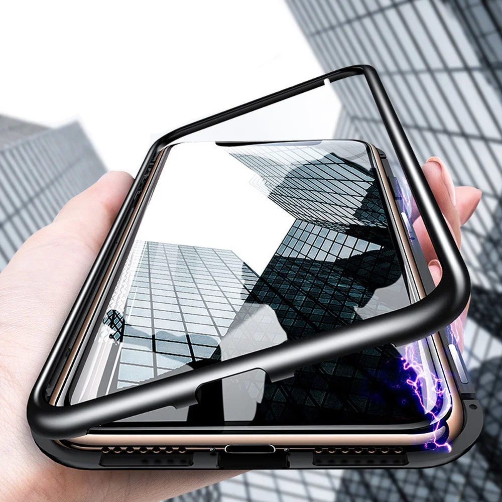 Металлический магнитный чехол бампер для iPhone XR XS MAX X 8 Plus 7 закаленное стекло