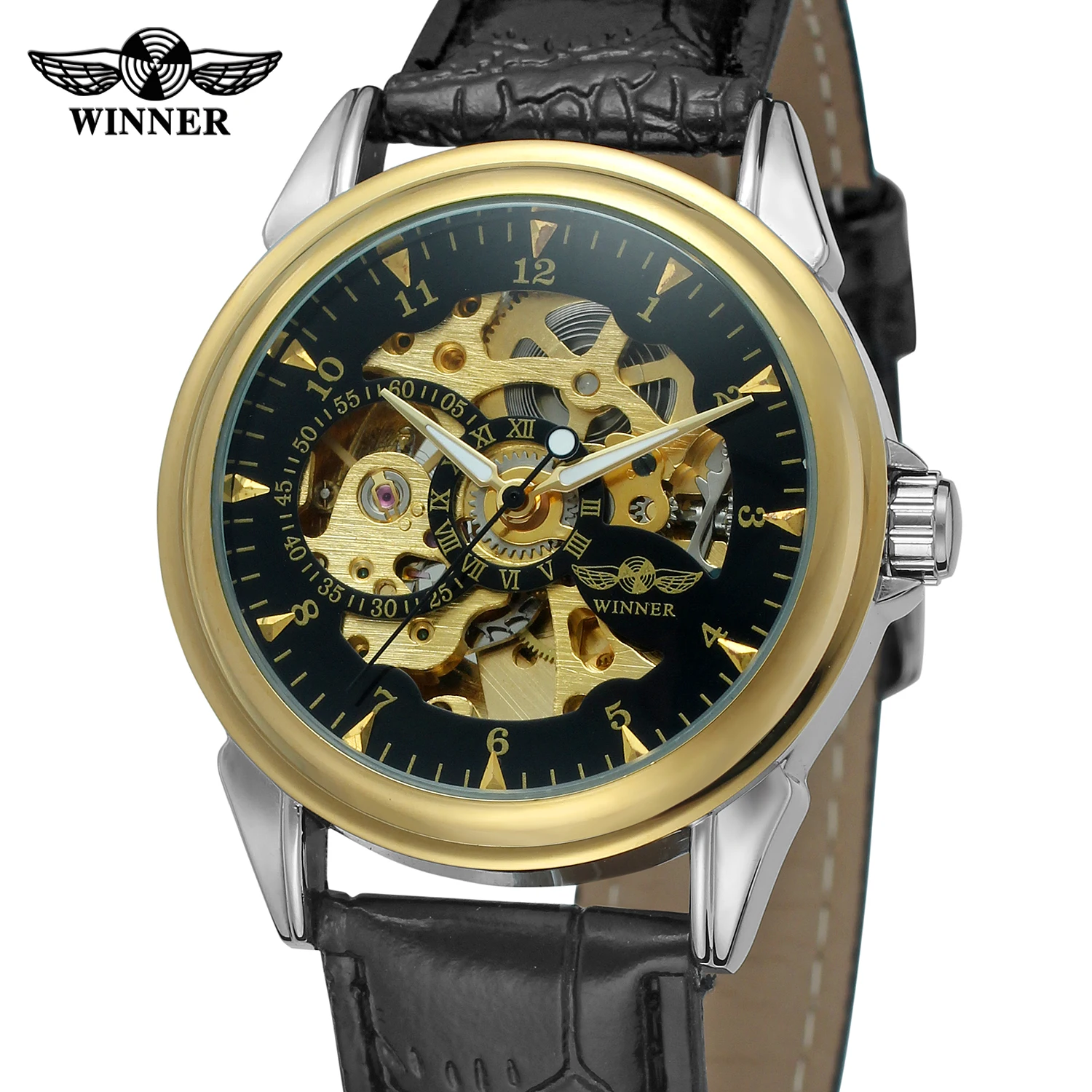 

Fashion Winner Top Brand Men Women Military Hand Wind Mechanical Skeleton Watch Male Leather Golden Black Dial Back Cover Glass