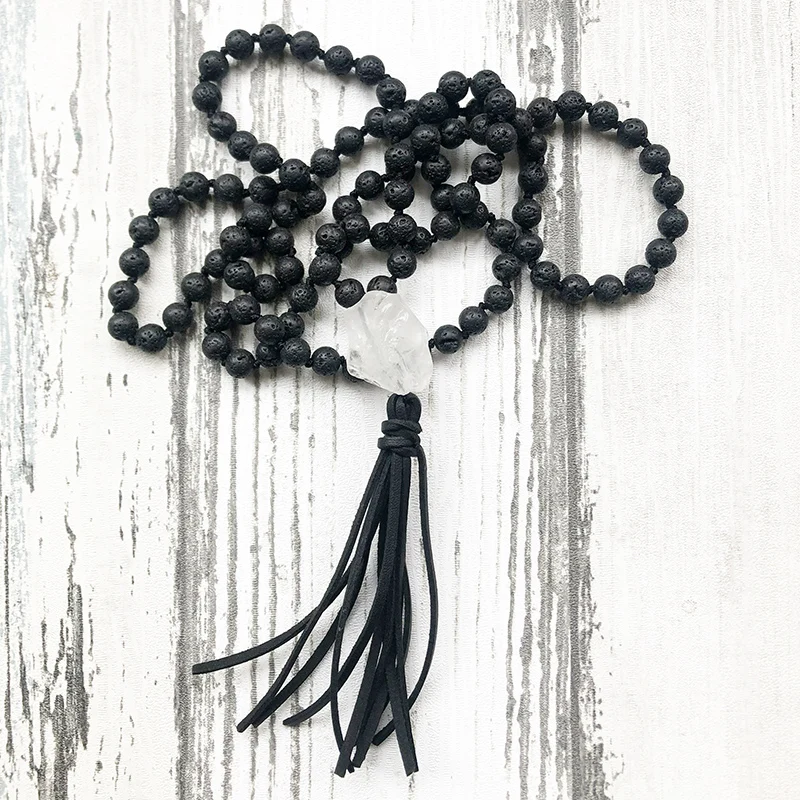 

108 Mala Beads Necklace With Raw Q-artz Yoga Meditation Jewelry Black Lava Stone Hand Knotted Necklaces Leather Tassel Necklace