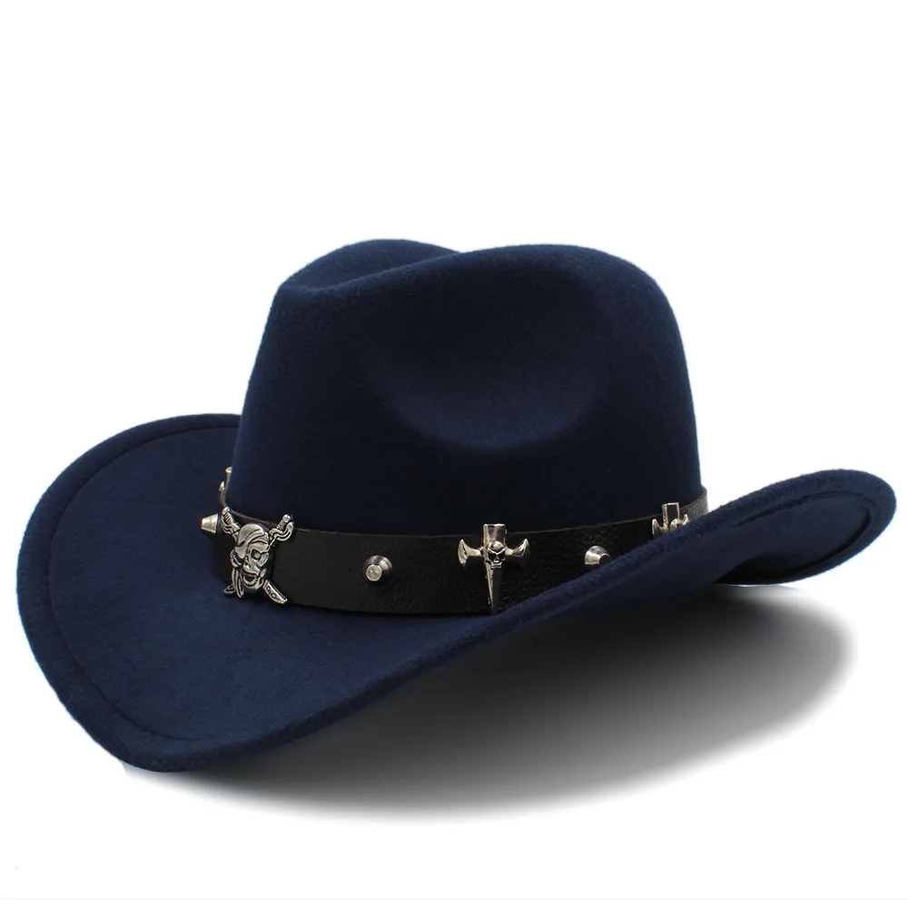 Женская и Мужская шерстяная открытая западная ковбойская шляпа пиратский кожаный ремень джентльмен папа Джаз Конный сомбреро Hombre шапка размер 56-58 см - Цвет: Dark Blue