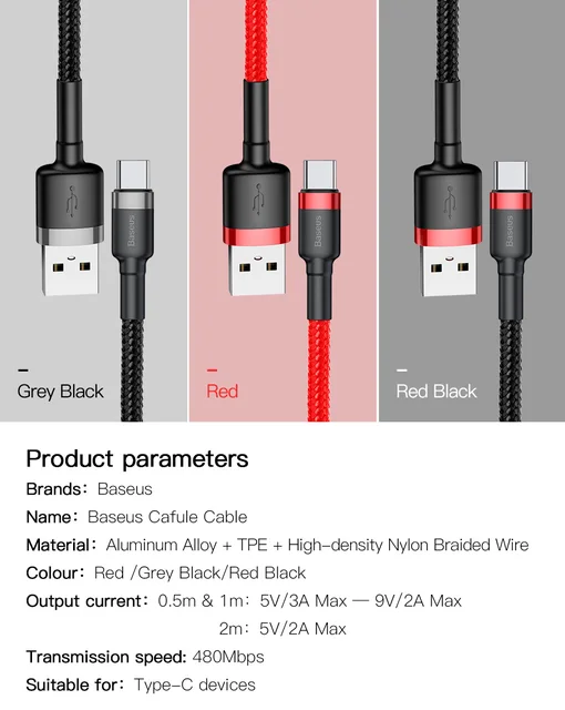 Baseus USB Type C Cable for xiaomi redmi note 7 USB-C Mobile Phone Fast Charging Type-C Cable for Samsung Galaxy S9 S8 Plus -