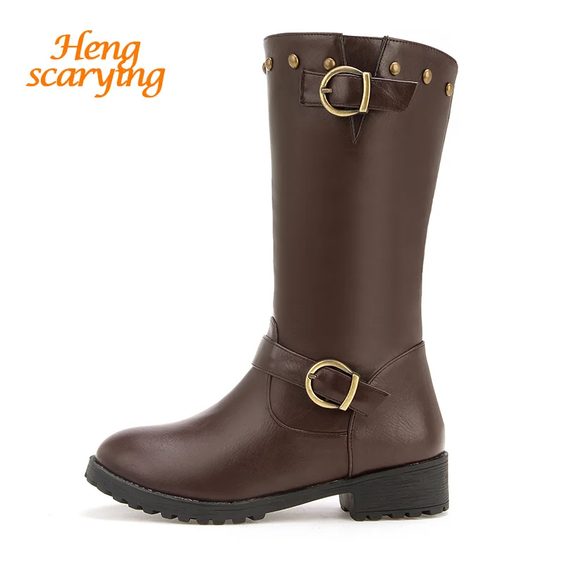 

2018 Plus Size 46 Women Equestrian Rivets Riding Knight Boots Female Winter Flats Heels Studded Boots Lady Brown Rubber Shoes