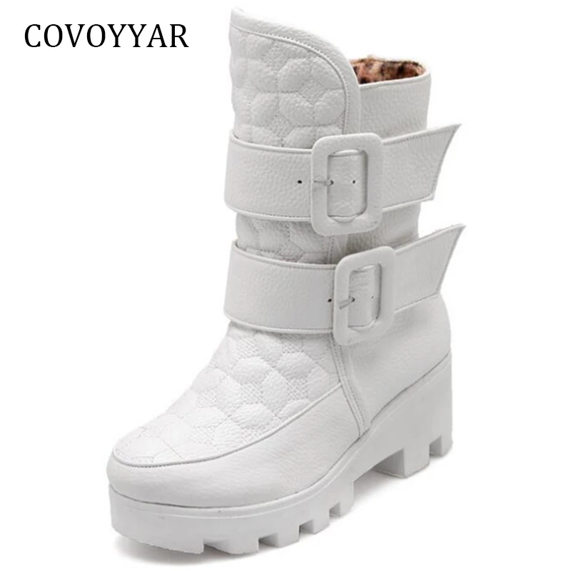 

COVOYYAR New 2018 Women Ankle Boots Big Sizes Autumn Winter Buckle Platform Snow Boots Middle Heel Pattern Shoes Women WBS890