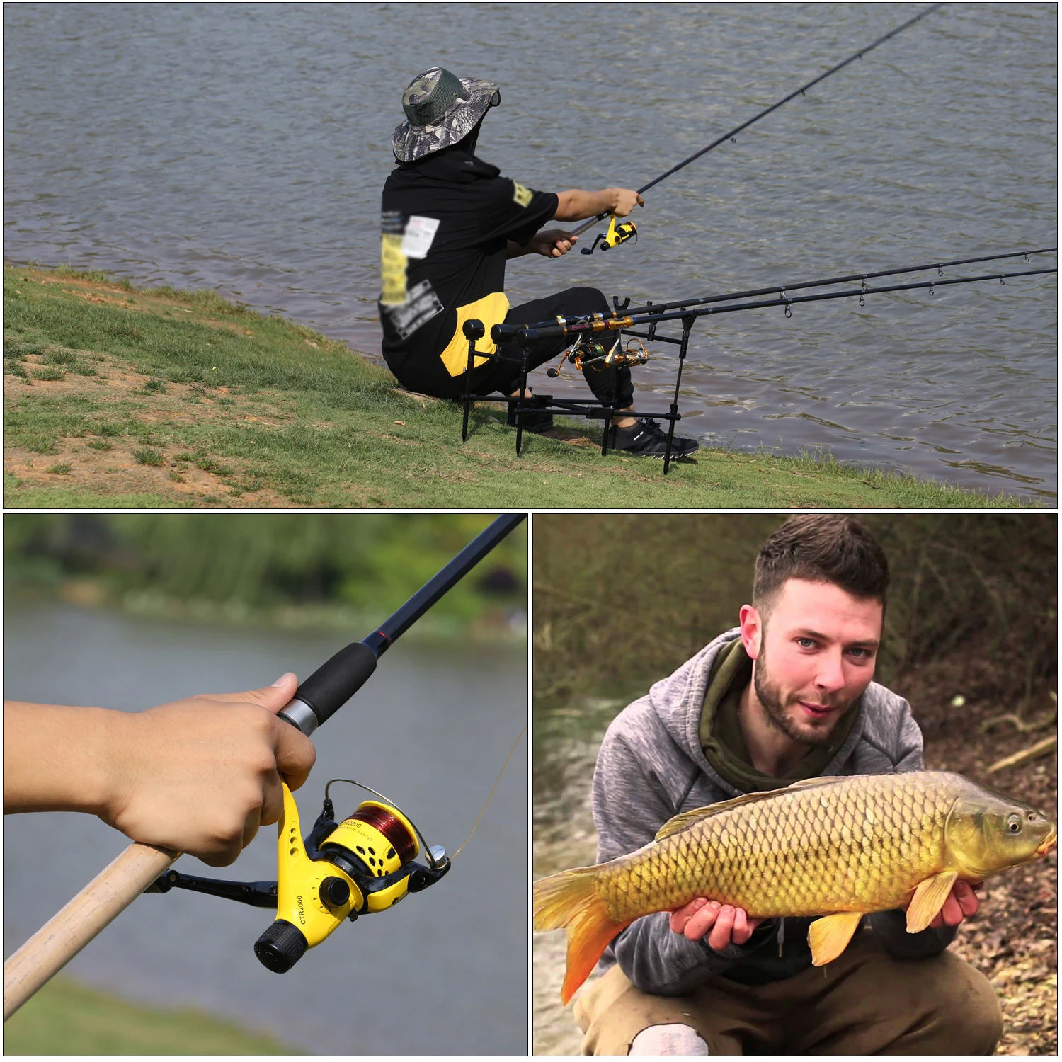 Sougayilang 6 Section Spinning Fishing Rod Combo M Power Carbon Fiber Fishing Rod with 11+1BB Carp Fishing Reel Pesca