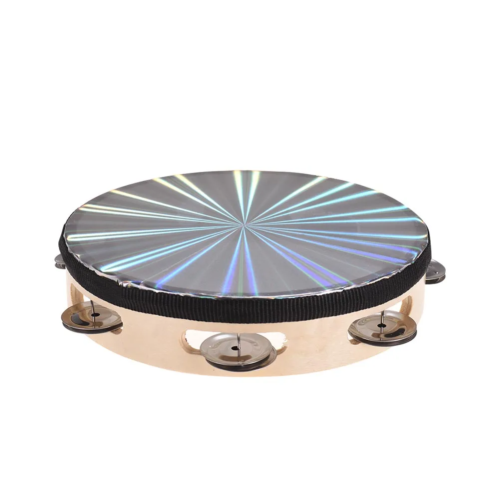

6 Inch Wooden Radiant Tambourine Handbell Hand Drum with Single Row Jingles Reflective Drum Head Percussion Instrument Musical