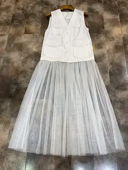 

New Summer 2020 Women's Wear V-collar Symmetrical Pocket Decorative Hem Fold Colour Mosaic Long Skirt