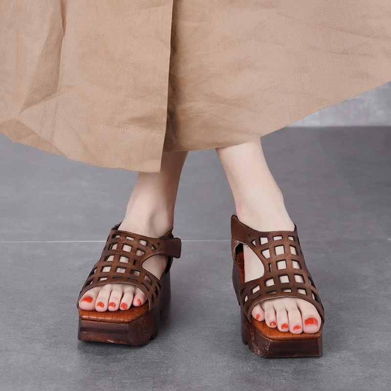 Women Leather Sandals Wedges Shoes 5 Cm High Heels Chunky Sandals Women Handmade Genuine Leather Retro Shoes Brand Summer 2019