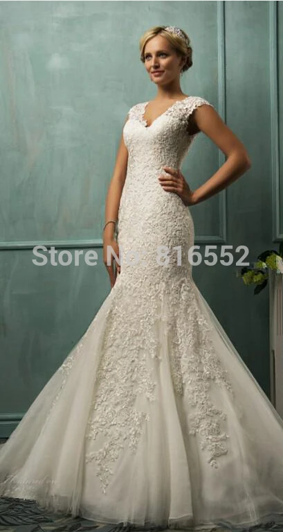 2015 Amelia Sposa V Neck Cap Sleeve Mermaid Wedding Gowns Lace Tulle Appliqued Fit Flare Sheer Backless Plus Size Bridal Party Dresses SSJ (2).jpg