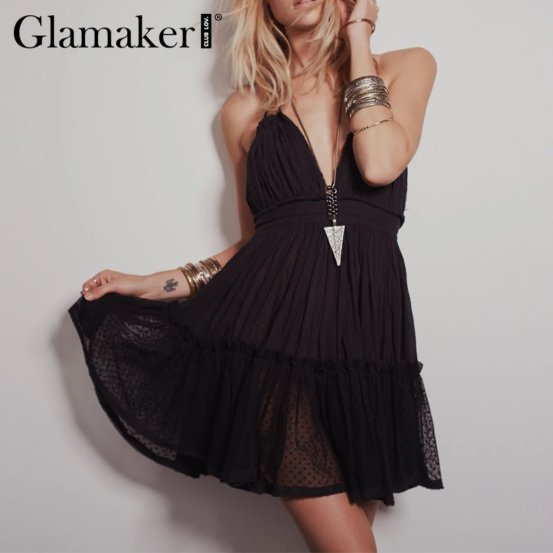 Женское мини платье с лямкой на шее Glamaker белое Сетчатое летнее короткое v