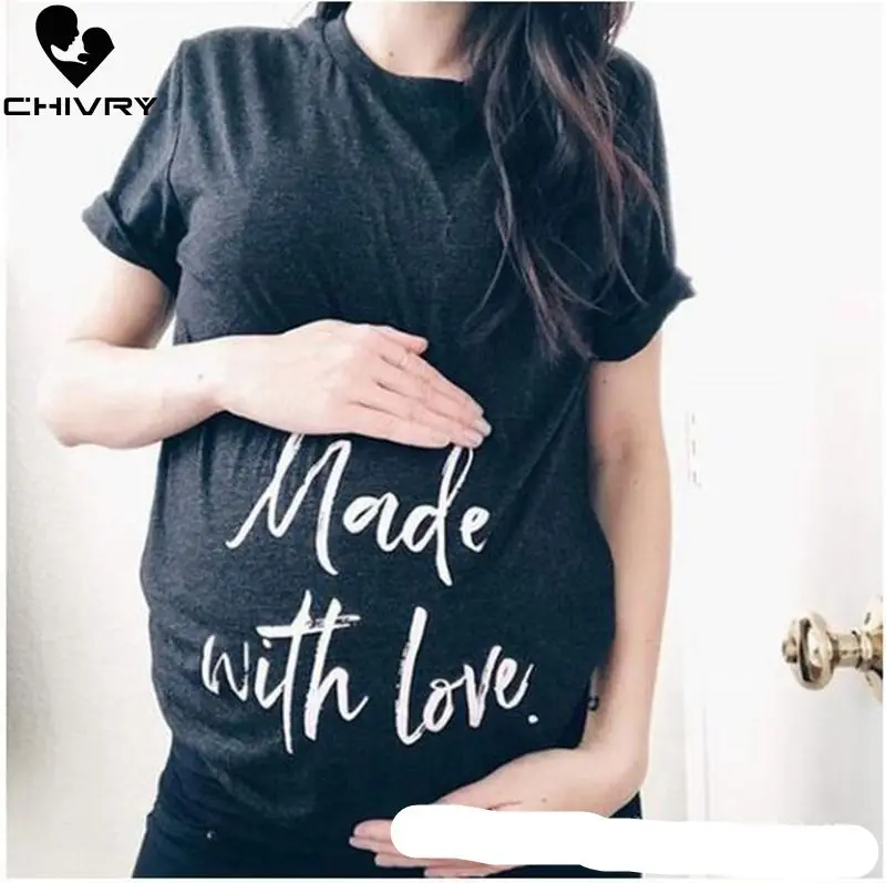 

Chivry 2019 Summer Women Maternity T Shirt Short Sleeve O-neck Pregnancy Tops Letter Print Pregnant Women Fashion T-Shirt