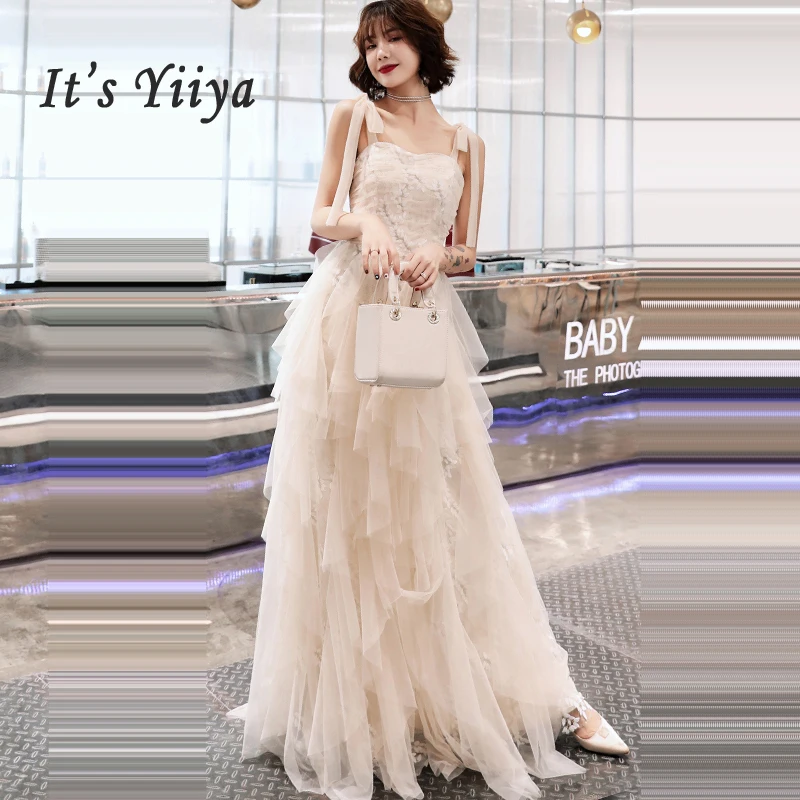 

It's Yiiya Prom Dress Boat Neck Women Party Night Dresses Elegant Tiered Vestidos De Gala 2019 Sleeveless Prom Gowns E680