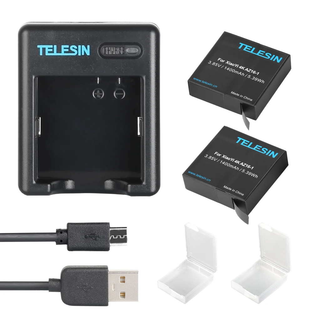 

TELESIN 2pcs 1400mAh Backup Rechargeable Li-on Battery Pack Replacement + USB Dual Charger for Xiaomi YI 4K, 4K+ Action Camera