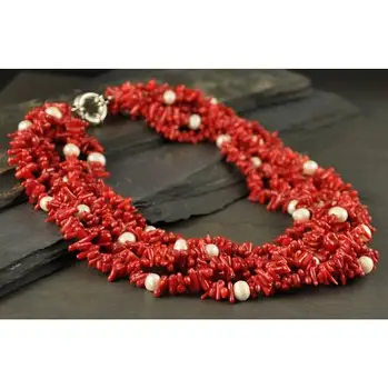 

Luck Pearl Jewellery,18inches Red Branch Coral-es White Freshwater Pearl Necklace,5 Strands Handmade Necklace