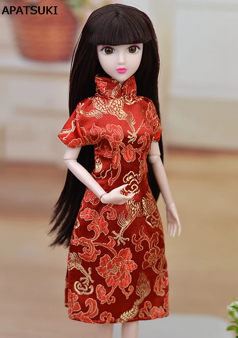 Кукла аксессуары красный цветок ручной работы платье для Барби Cheongsam китайское традиционное платье Vestido Qipao вечерние платья