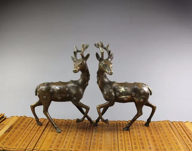 

bronze Pure Copper Brass Art home decoration Antique A pair Sika deer,loving ornaments home decor craft mascot collection statue