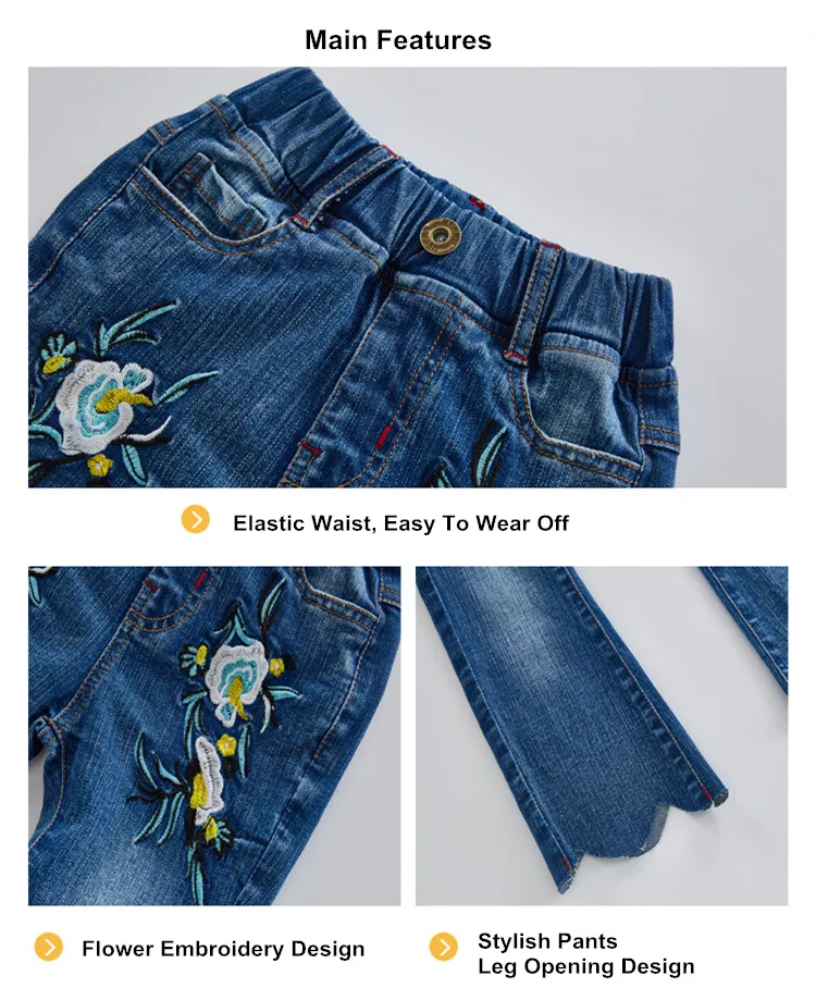 Kids Girls Flower Embroidery Blue Flared Jeans 8