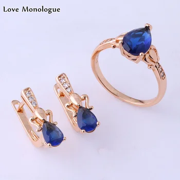 

Love Monologue Top Quality Blue Sky Crystal Cubic Zirconia Gold Color Ring & Stud Earring Water Drop Jewelry Sets X0223