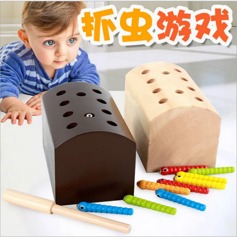 

Wooden toy Baby Learning and Educational toy Catching insects Game Wooden Counting Math Toy Catching Worms Game