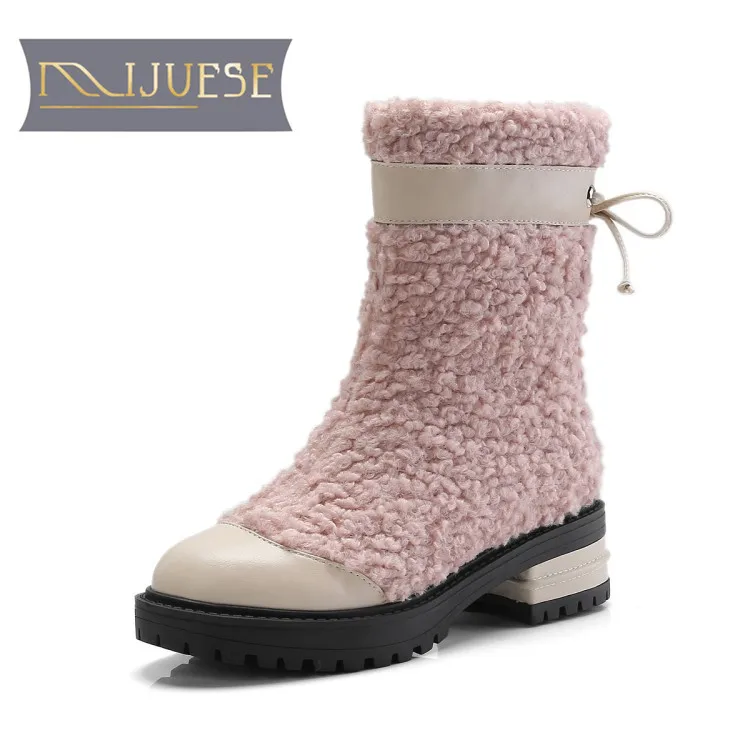 

MLJUESE 2019 women ankle boots cow leather zippers winter warm fur wool blend square heel high heels women martin boots
