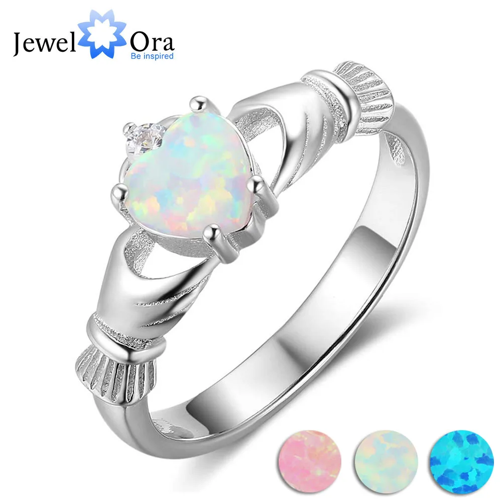 Claddagh Ring Soild 925 Sterling Silver Women's Rings Classic Heart Opal Stone Loyalty Jewelry For Women (JewelOra RI103629)