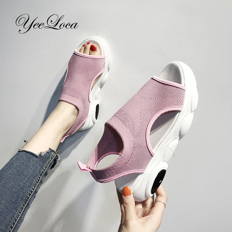 

Women's Air Mesh Platform Sandals Shape Open Toe Sneakers Slip On Ankle Strap Creepers Lady Daily Casual Shoes 2019 Summer Flats