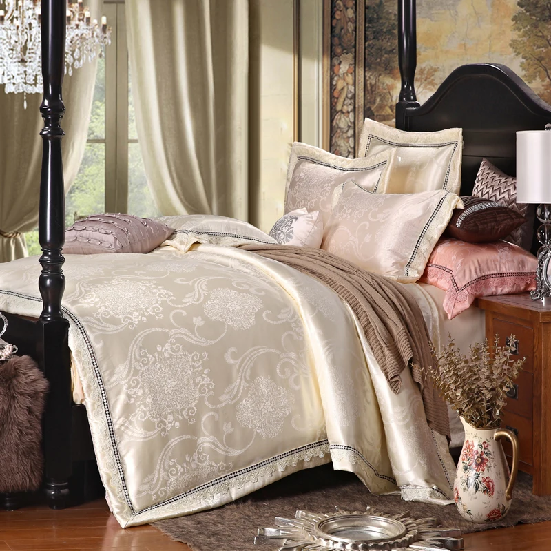 New Silk Cotton Satin Luxury Jacquard Bedding Set Hollow Lace