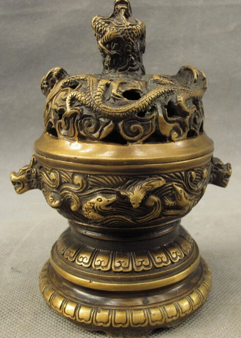 

S4722 Folk Chinese Bronze Animals Dragon Beast Lion Head Statue Incense Burner Censer D0317