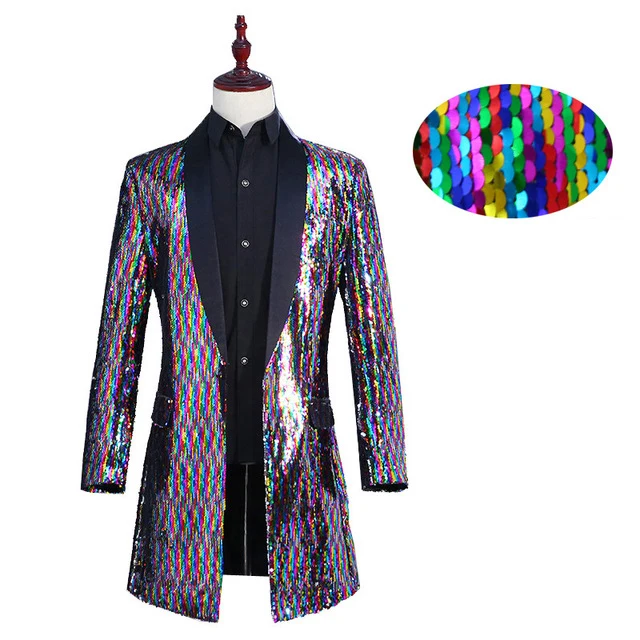 

2019 Clothes Mens Stage Suit Jackets Long Color Changing Windbreaker Colorful Sequins Men Jackets Casual Turn-down Collar Trench
