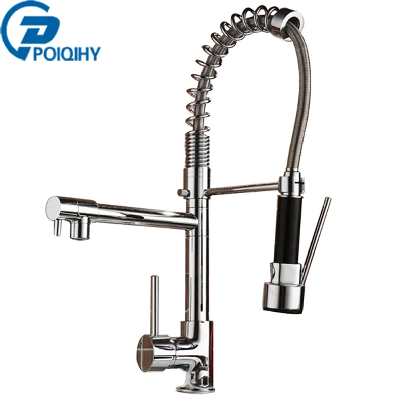 POIQIHY Chrome Deck Mount Kitchen Faucet 360 Rotation Kichen Mixer Tap Faucet Spring Dual Sprayer Swivel Spout Faucet swivel spout deck mount kitchen spring mixer faucet single handle dual sprayer nozzle water taps chrome finish