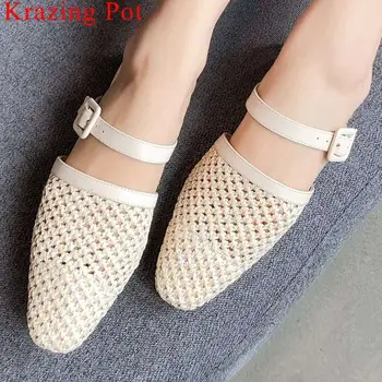 

Krazing Pot new arrival weaving hollow mules slip on women pumps cow leather buckle belt square toe low heels big size shoes L05