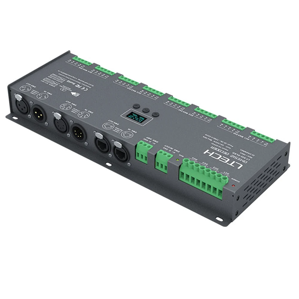 Светодио дный DMX512 декодирующее устройство; 24 канала декодер DMX DC12-24V; 3A* 24CH Max 72A выход светодио дный RGB полосы RGBW светодио дный полосы XLR-3/RJ45 Порты и разъёмы