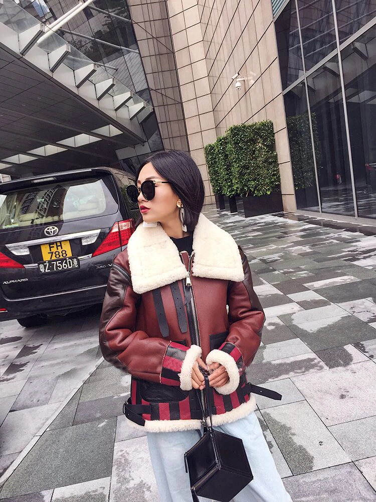 Excellent Winter Jacket Women Brand 2019  Real Fur Coat Genuine Leather Coat Warm Thick Merino Sheep Fur Double-faced Fur Parka Outerwear 5