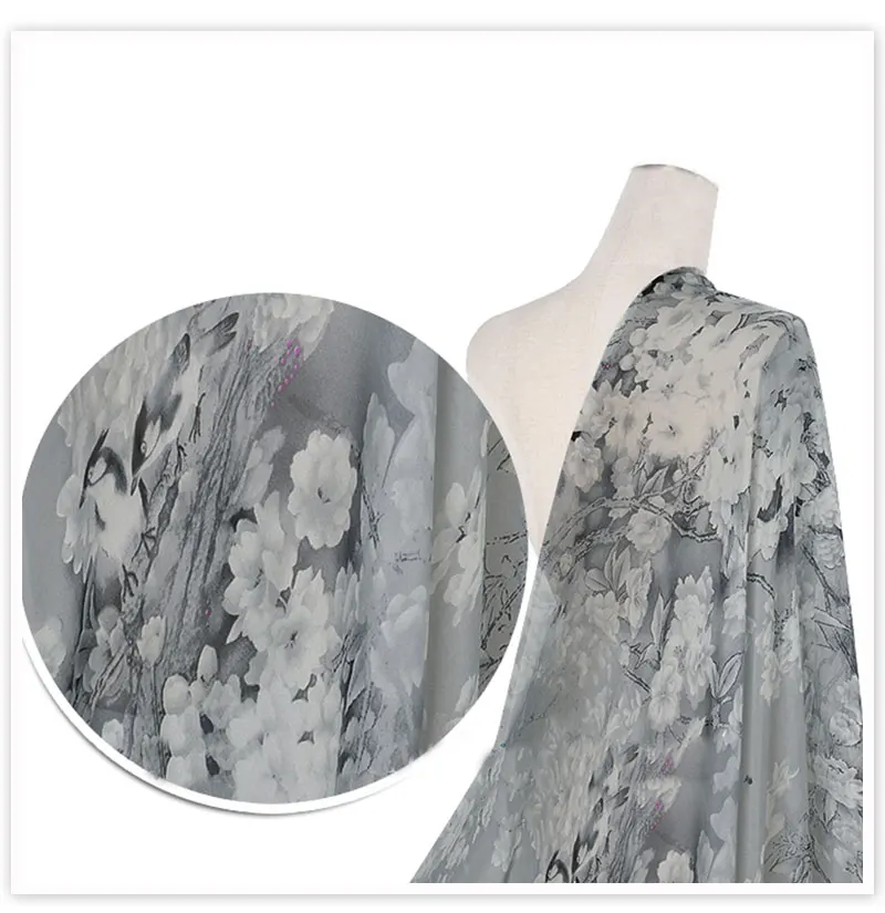 Серый верблюд flroal печати натуральный шелк шифон ткань для пляжное платье из натурального шелка tissu telas tecidos stoffen Фабричный 6 мм SP5191