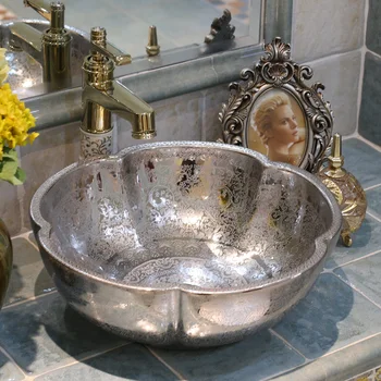 

Europe Vintage Style Art Porcelain Countertop Basin Sink Handmade Ceramic Bathroom Vessel Sink silver porcelain bathroom sink
