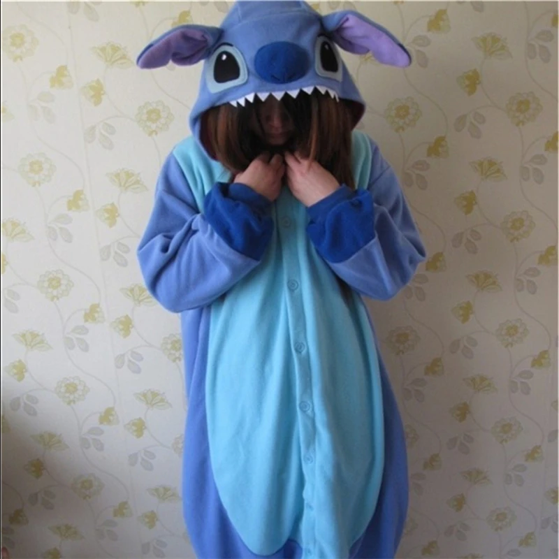 Designer Kawaii Anime Animal Blue Lilo Stitch Pajamas Adult Unisex Women Men Onesie Polyester Polar Fleece