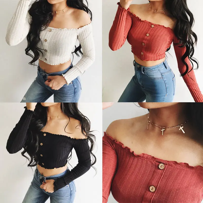 

New Fashion Women Ladies Summer Long Sleeve Off Shoulder Crop Tops Blouse Buttons Casual Women Short Blouses Tops