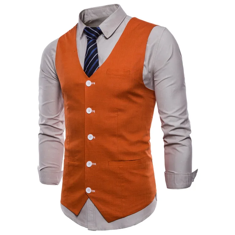 British Style Men Orange Vest Candy Colors Casual Slim V-neck Sleeveless Blazer Cute Waistcoat Plus Size 3xl 4xl Men Suit Vest