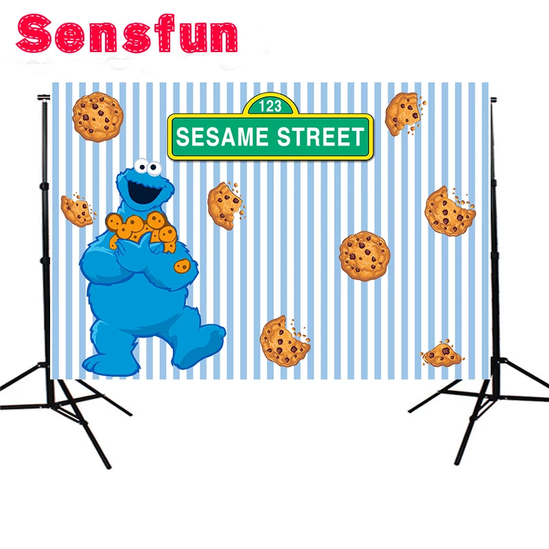 

sxy1148 Blue Stripes Cartoon Cookie Monster First Birthday background Photo backdrops Sesame Street Newborn Party Banner 7x5ft