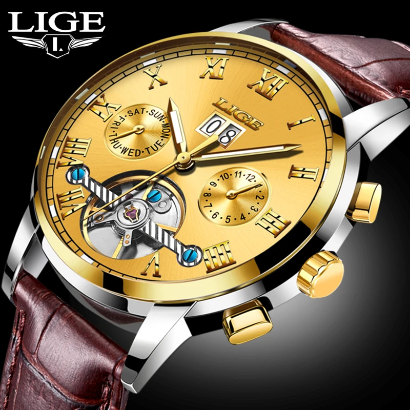 جديد الموضة ييج ماركة الساعات الفاخرة الرجال التلقائي الميكانيكية ووتش رجال الرياضة للماء الساعات الجلدية relogio masculino