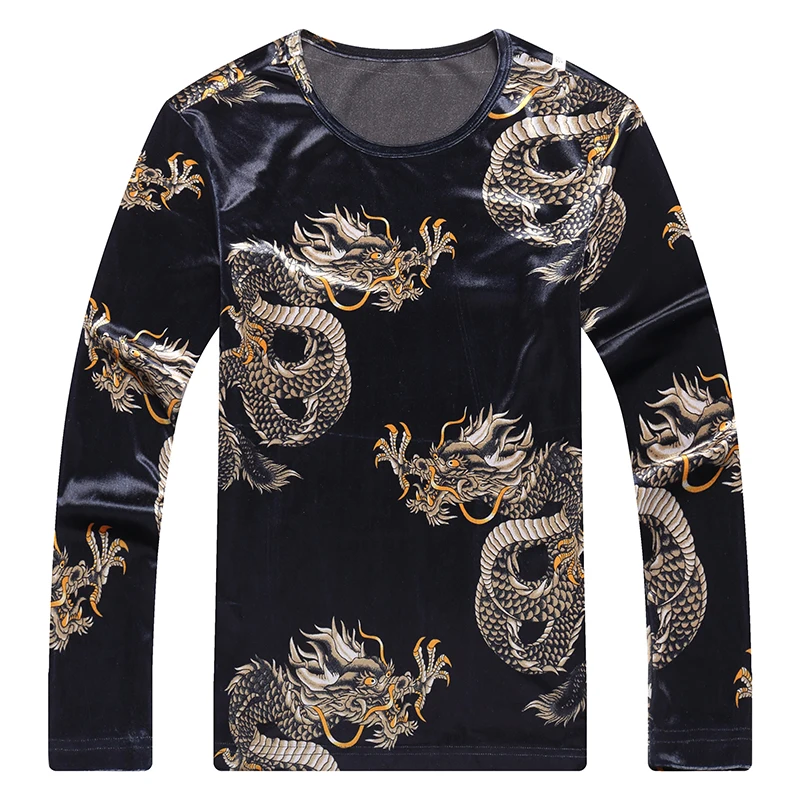 2018 Autumn Fashion Clothing For Men T Shirts Long Sleeve Dragon Pattern T-Shirt Casual Pleuche Man Tops Spring Tees Black  (3)