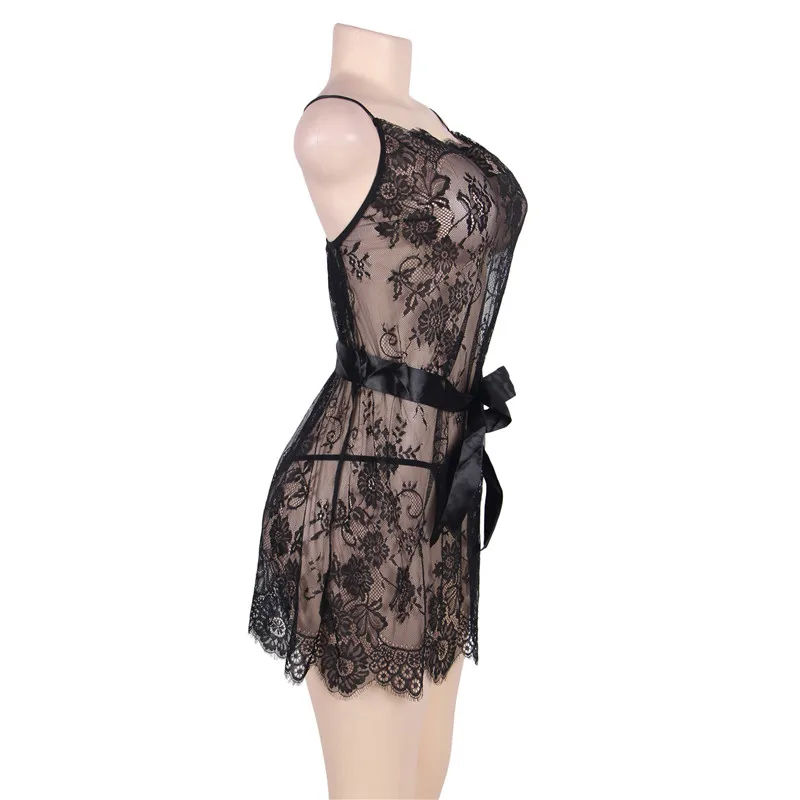 RS80455 Camisola сексуальное женское белье, Прозрачная кружевная ночная рубашка M L, женская тонкая ночная рубашка с тонкими бретельками, длиной выше колена, Черная кружевная ночная рубашка