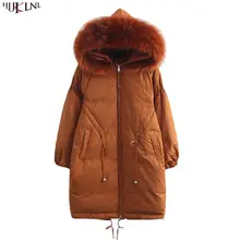 Женский зимний пуховик, длинное меховое пальто с капюшоном, свободная верхняя одежда размера плюс, винтажная теплая утолщенная верхняя одежда, Femme Cacaso AC212