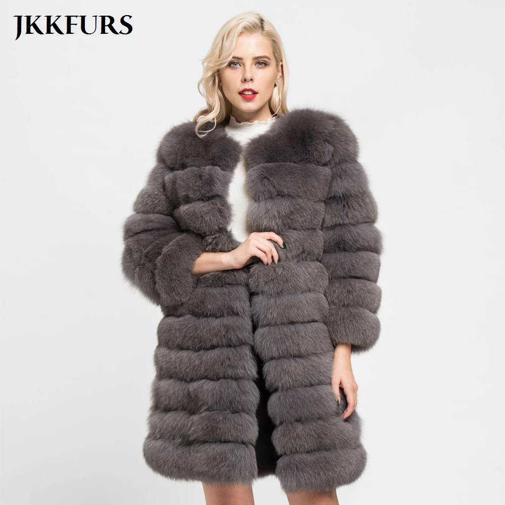 JKKFURS 2018 зимние теплые длинные пальто с натуральным лисьим мехом 11 рядов женская
