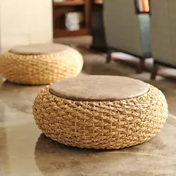 Современный вязаный круглый пуфик оттоманка стул W/из искусственной кожи сиденья пол подушка для йоги для медитация соломы Rusitc татами пуф