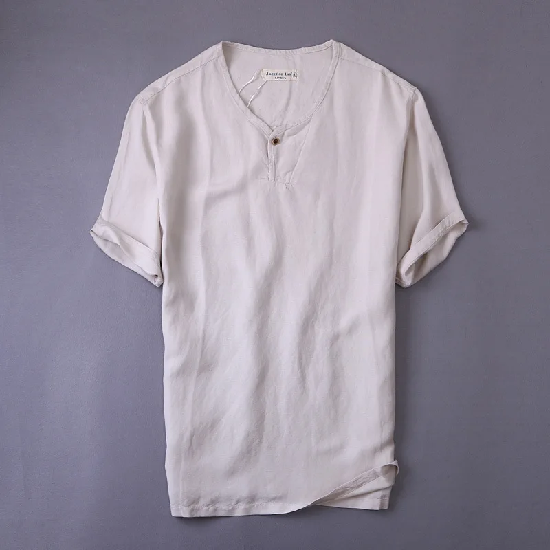 Новая летняя брендовая рубашка мужская с коротким рукавом Свободная тонкая хлопковая полотняная Мужская рубашка модная однотонная трендовая футболки с v-образным вырезом