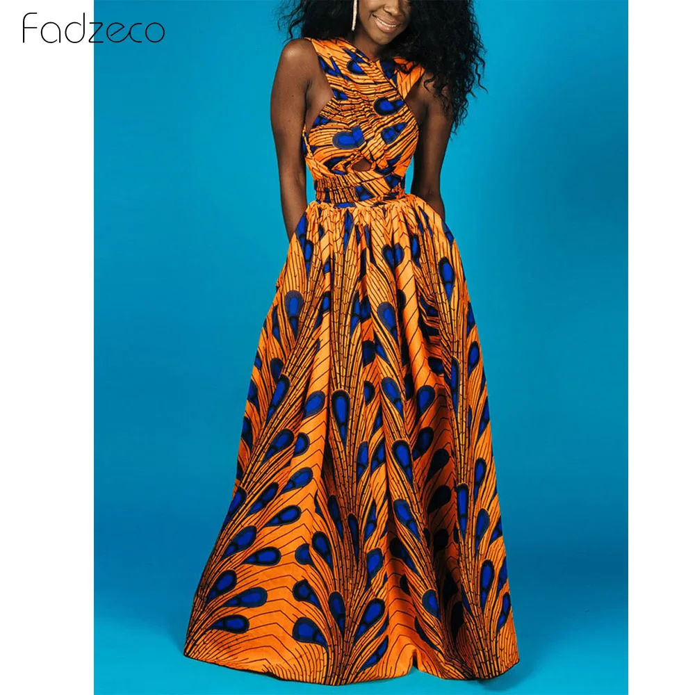 Fadzeco Summer African Dresses for Women New Fashion Robe Dashiki Dress Ethnic Print Backless Sexy African Dress