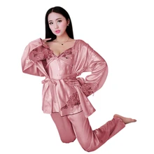 Women Autumn Satin Home Wear Lace 3-Pieces Pajamas Sets Sexy Sleep Wear Pink One Size