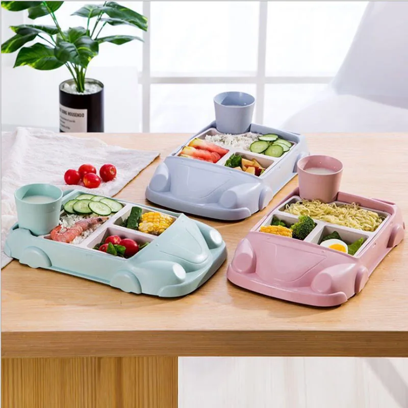

GZZT Bamboo Fiber Baby Plate Dishes Cartoon Car Shape Lunch Box Bowl Children Kid Infant Rice Feeding Plate Dinner Set